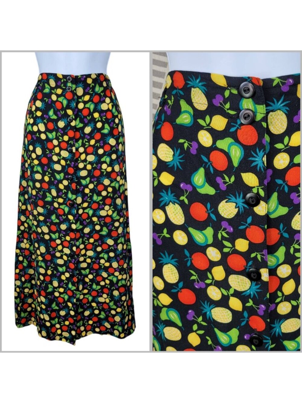 Vintage Fruit Skirt Size XL Midi Stretch Art Button Front Ms Frizzell Teacher 90